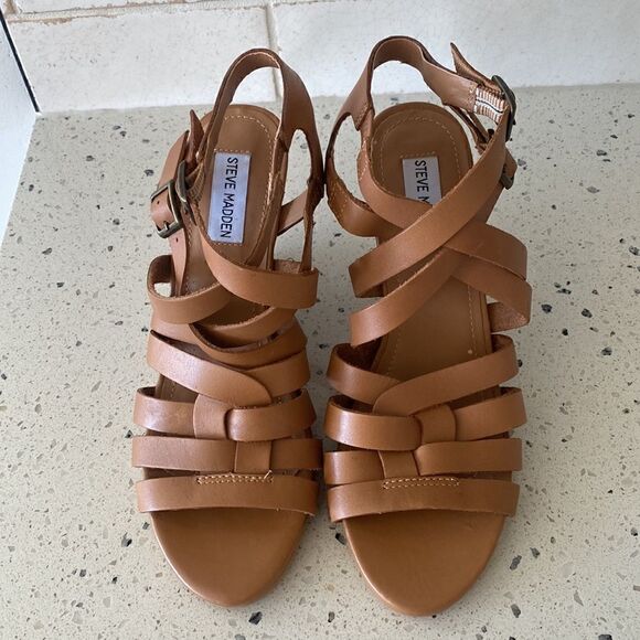 Steve Madden Venis Natural Leather Strappy Wedge Sandals Women’s Size 7.5 - Picture 3 of 13